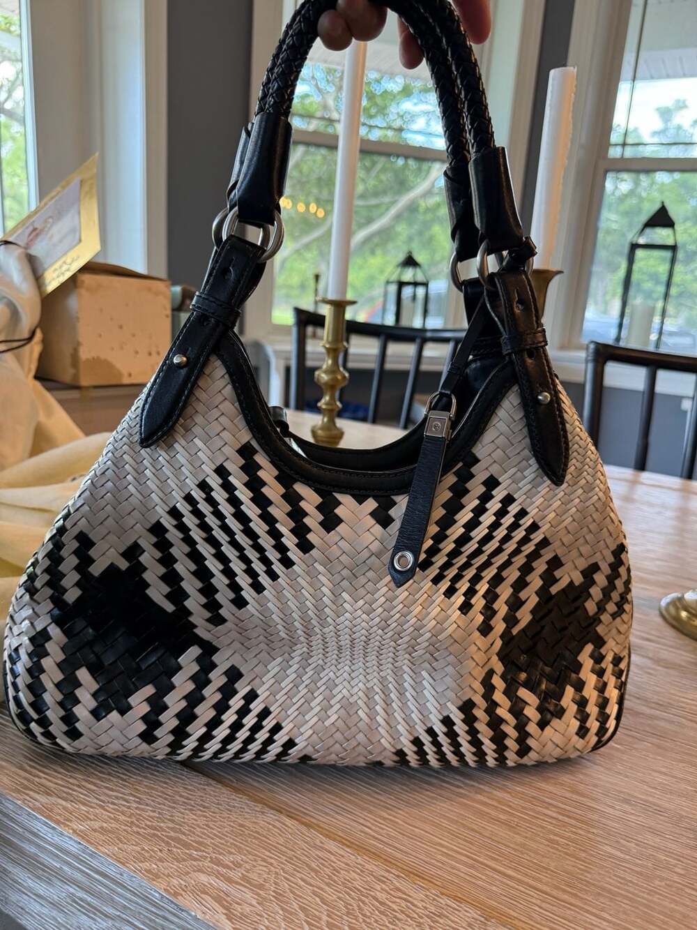 Cole Haan Genevieve Diamond Plaid Woven Leather Shoulder Bag Hobo Black White